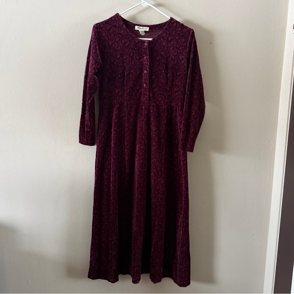 Vintage 90s Eddie Bauer Maroon Velour Floral Henley Maxi Dress Size M Petite